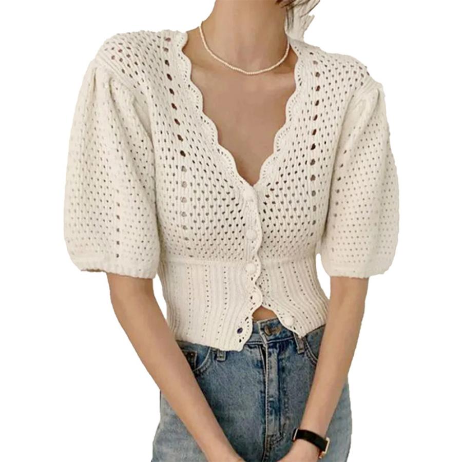 レディース ショートカーディガン 透かし編み 中袖 ストレッチ おしゃれ 夏 かわいい 