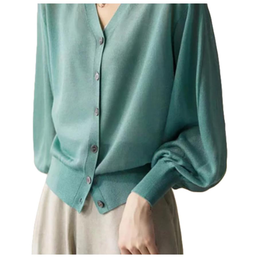 カーディガン レディース 春 秋 長袖 ニット 薄手 トップス 羽織り シンプル グリーン