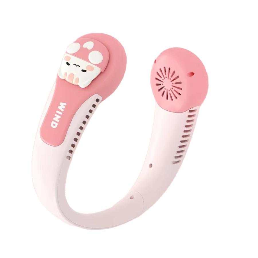 扇風機 ハンディファン アウトドア ネック 子供用 ファン 漫画 ポータブル USB充電 ハンギング リーフレス  ピンク
