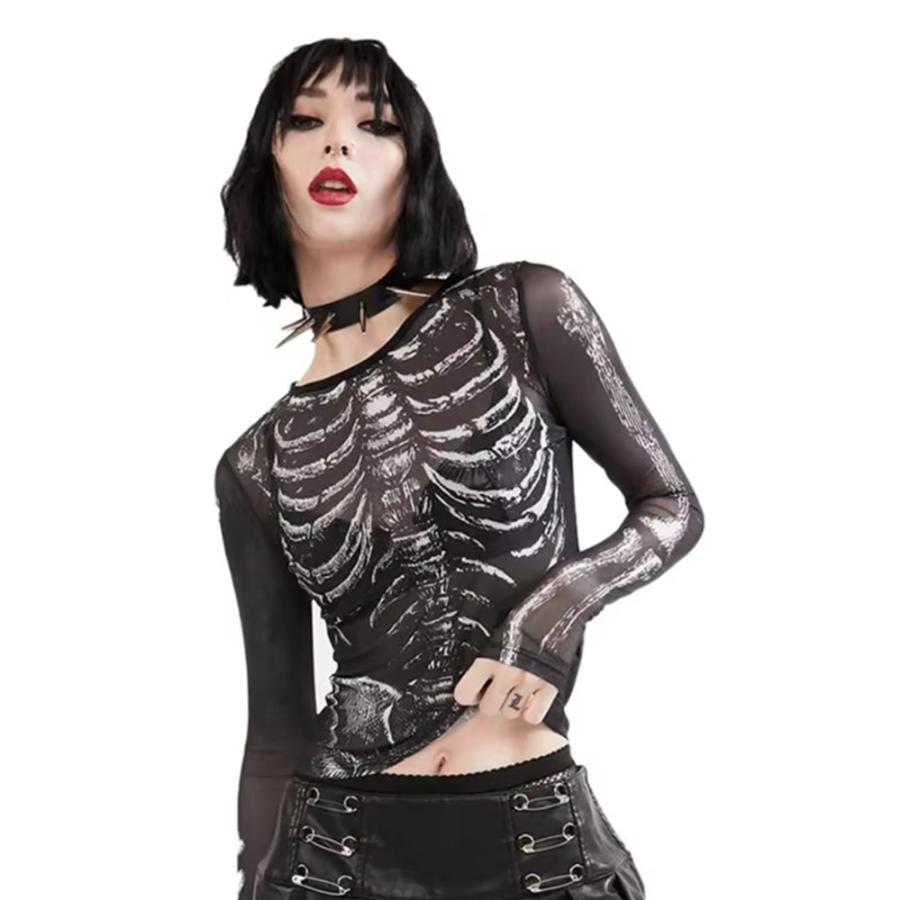 長袖 パンク ラウンドネック ストリートウェア 原宿風 地雷系 クロップトップ スケルトン   黒L