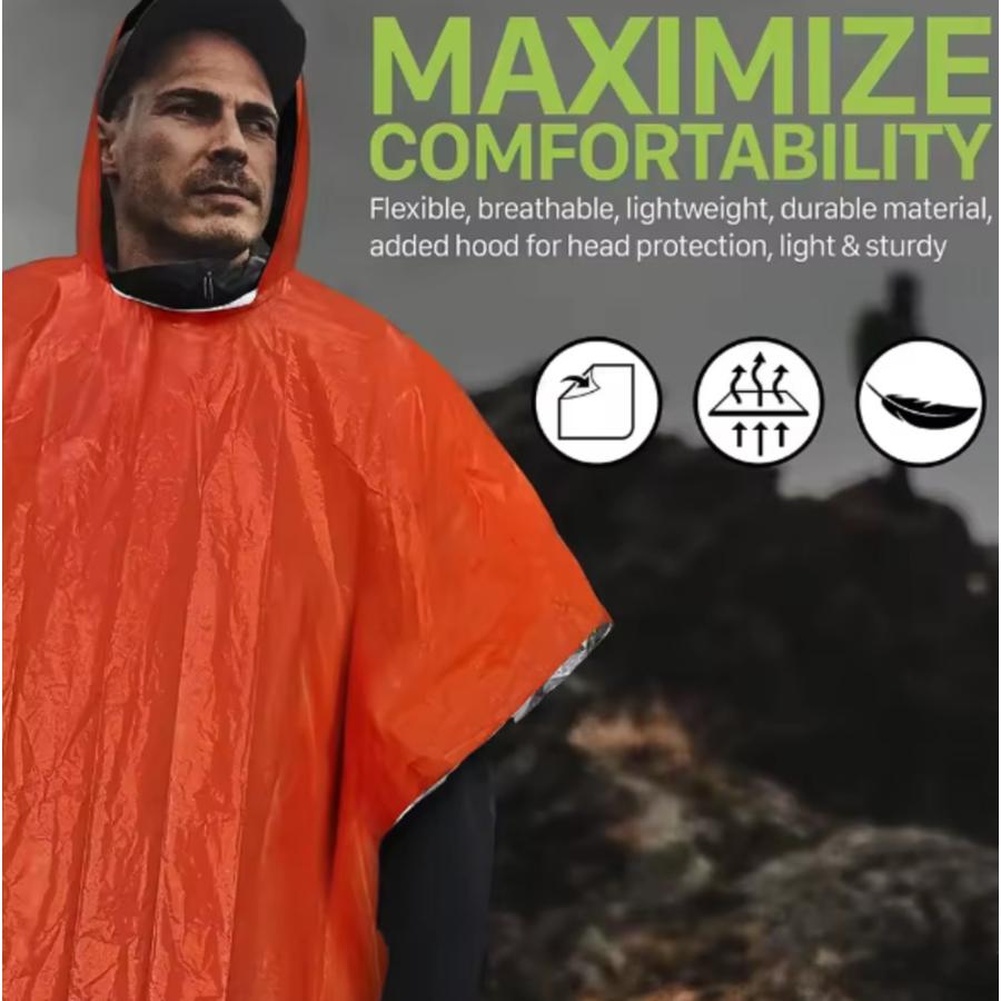 緊急 雨 ポンチョ フード レインコート キャンプ ハイキング サバイバル 防水 トラベルギア オレンジ