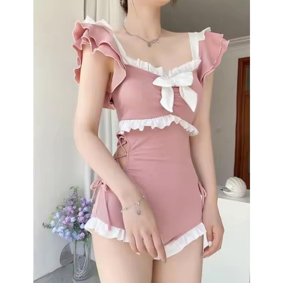 水着 スイムウエア レディース ワンピース 袖付き 半袖 フリル 胸元リボン かわいい 大人可  青M