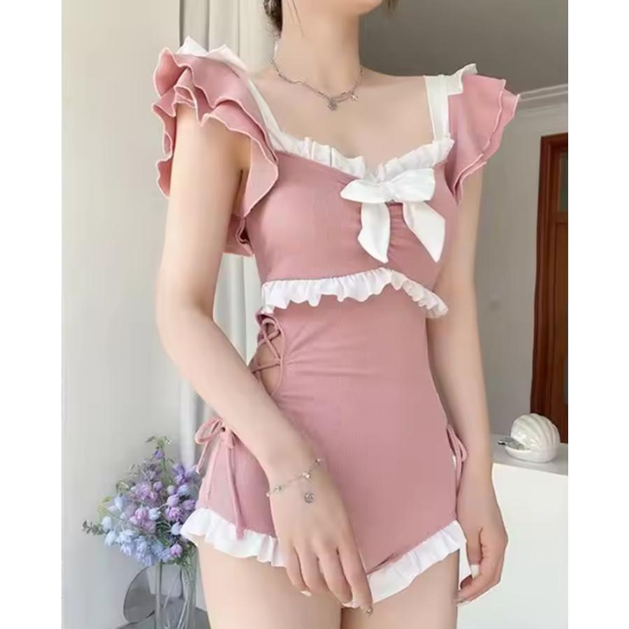 水着 スイムウエア レディース ワンピース 袖付き 半袖 フリル 胸元リボン 量産  ピンクM