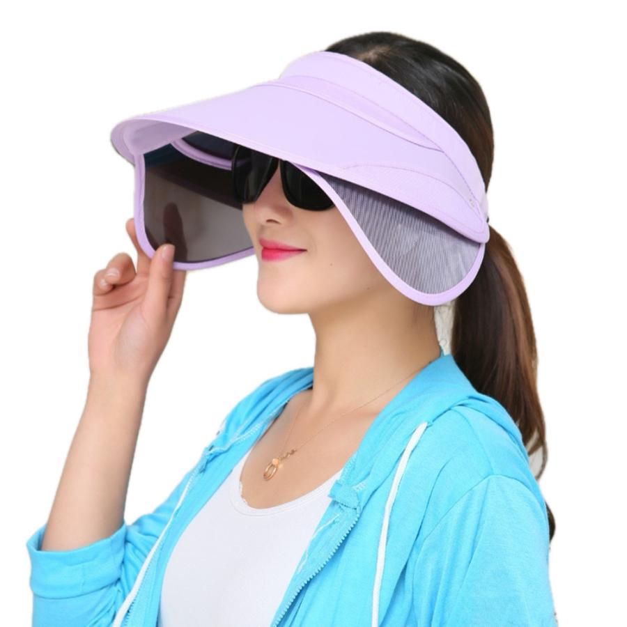 サンバイザー 帽子 UVカット フェイスカバー フェイスガード 日差しブロック つば広 おしゃれ ラベンダー