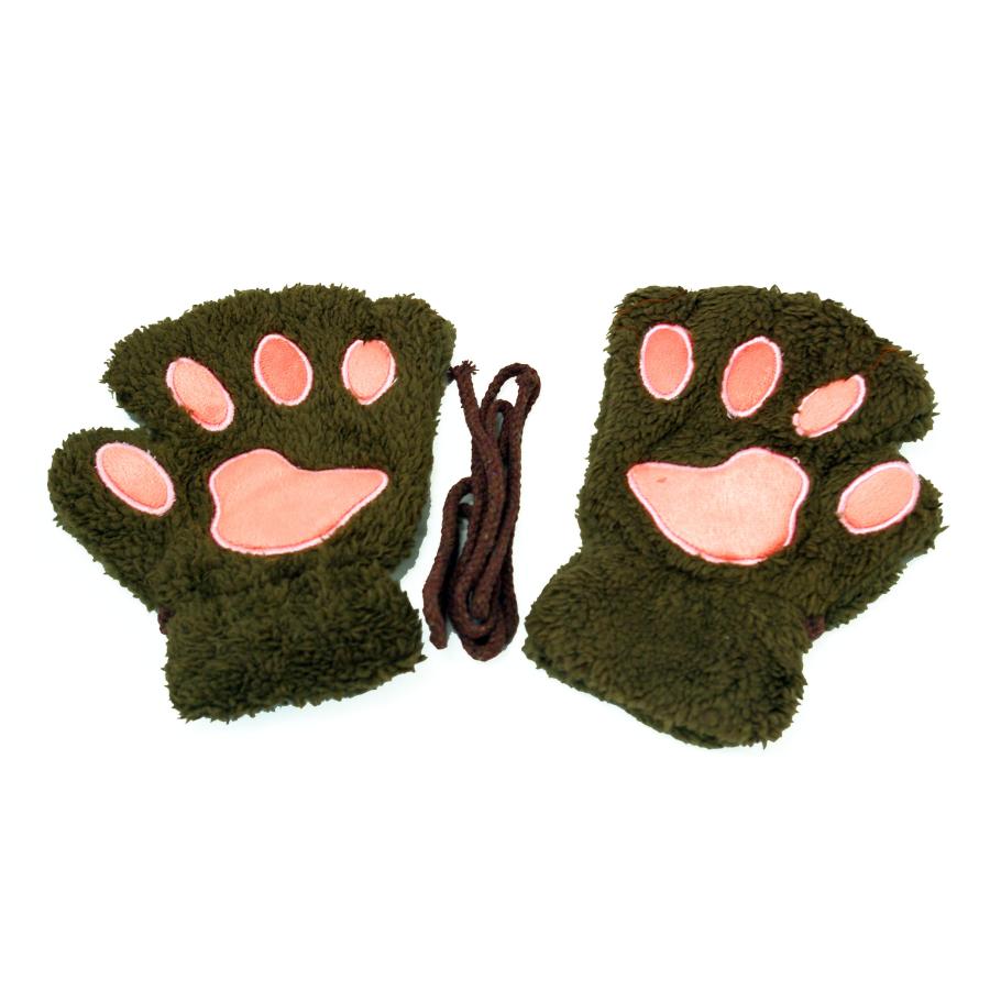 手袋 レディース 指なし スマホ対応 猫の手 肉球 かわいい グローブ アニマル ブラウン