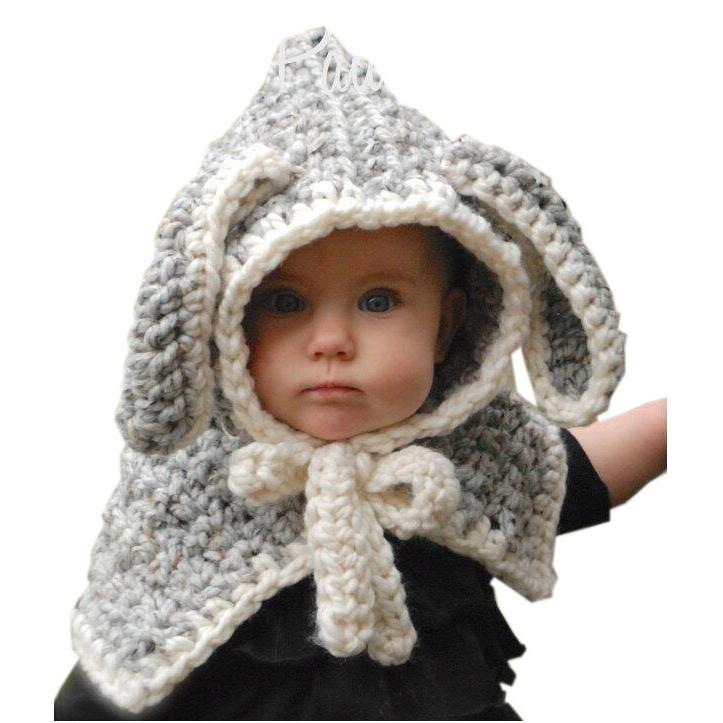 子供用 うさ耳ケープ 暖かい うさぎ もこもこ 帽子 ニット帽 ケーブル編み 兎 あかち  グレー