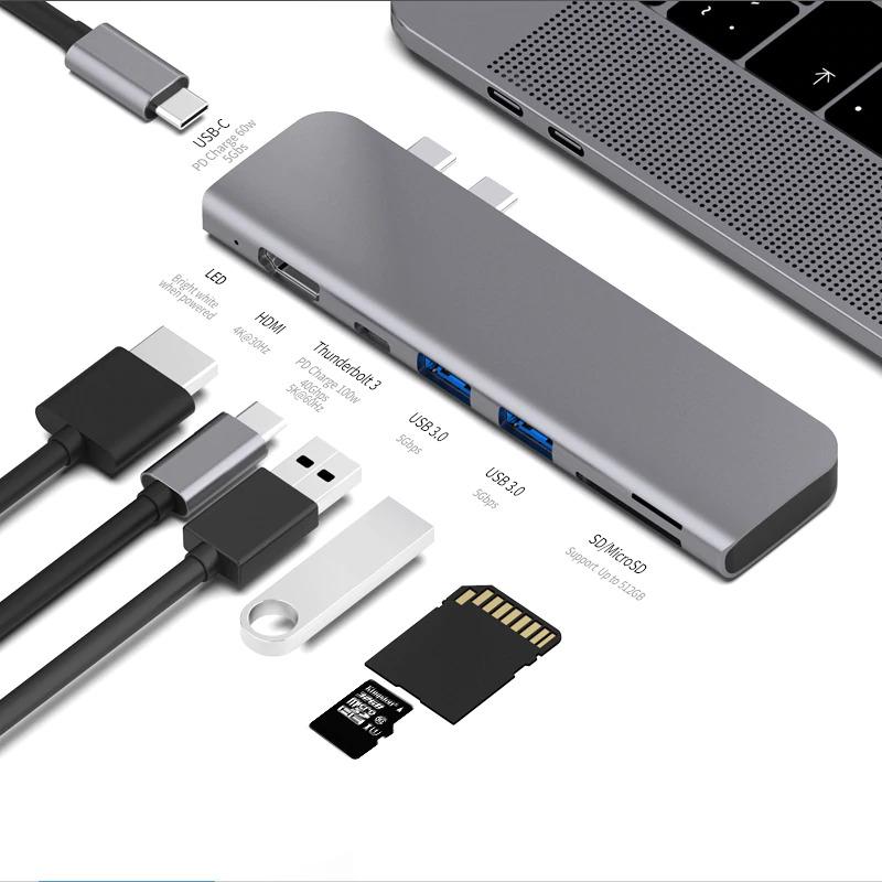 macbook USB Type-C HUB 高速データ USB3.0X2ポート Type C拡張 マルチポート搭載 USB3.0高速ハブ アダプター USB コンパクト 薄型 軽便アダプター SD カード / Microカードリーダー付き グレー