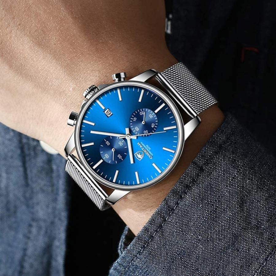 腕時計 メンズ ブランド 防水 ファッション スポーツ クォーツ アナログ メッシュ ステン  銀-青