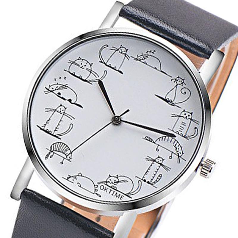 腕時計 猫 ネコ 絵 かわいい レディース カジュアル時計 革バンド  黒