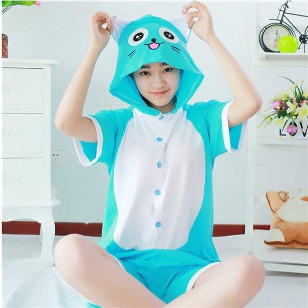 アニメパジャマ 猫 水色 半袖 パジャマ かわいい キュート 面白い コスプレ 猫耳 ルームウェア L