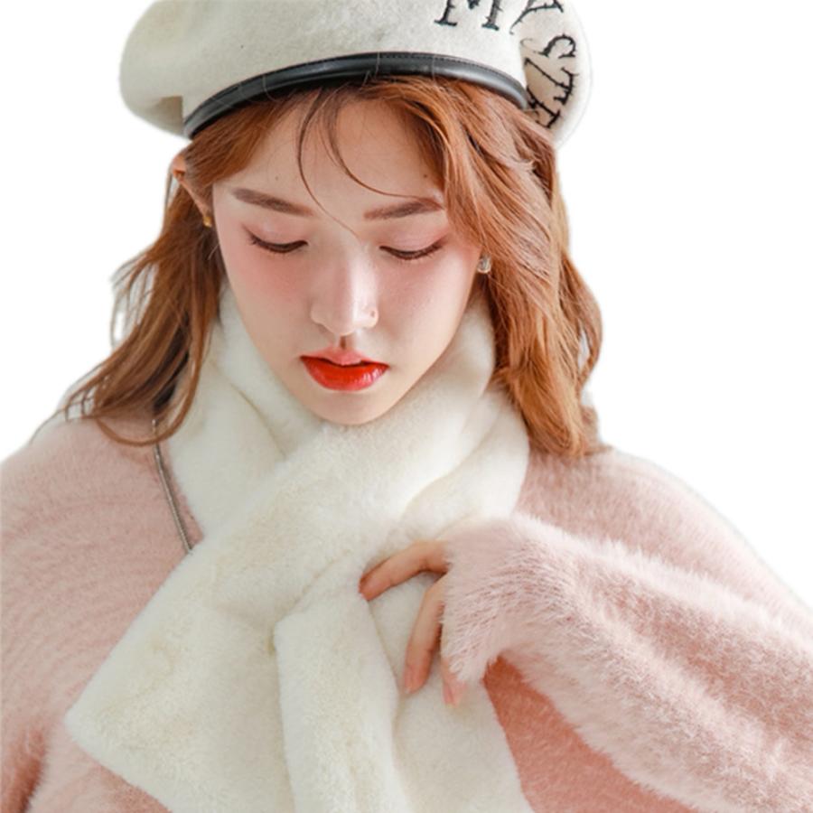 レディース 秋冬 防寒 マフラー 厚手 暖かい 起毛 ファー もこもこ フェイクフ  ホワイト