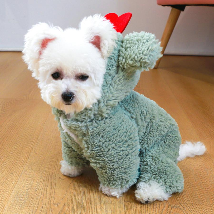 犬 服 秋冬 ボア パーカー くま耳 フード おしゃれ もこもこ ハート ペット用 防寒 可愛い 緑-M