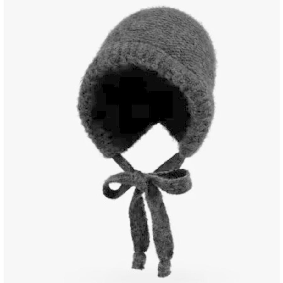 ニットビーニーキャップ ストラップ付 帽子 かわいい バラクラバ もこもこ ブラック