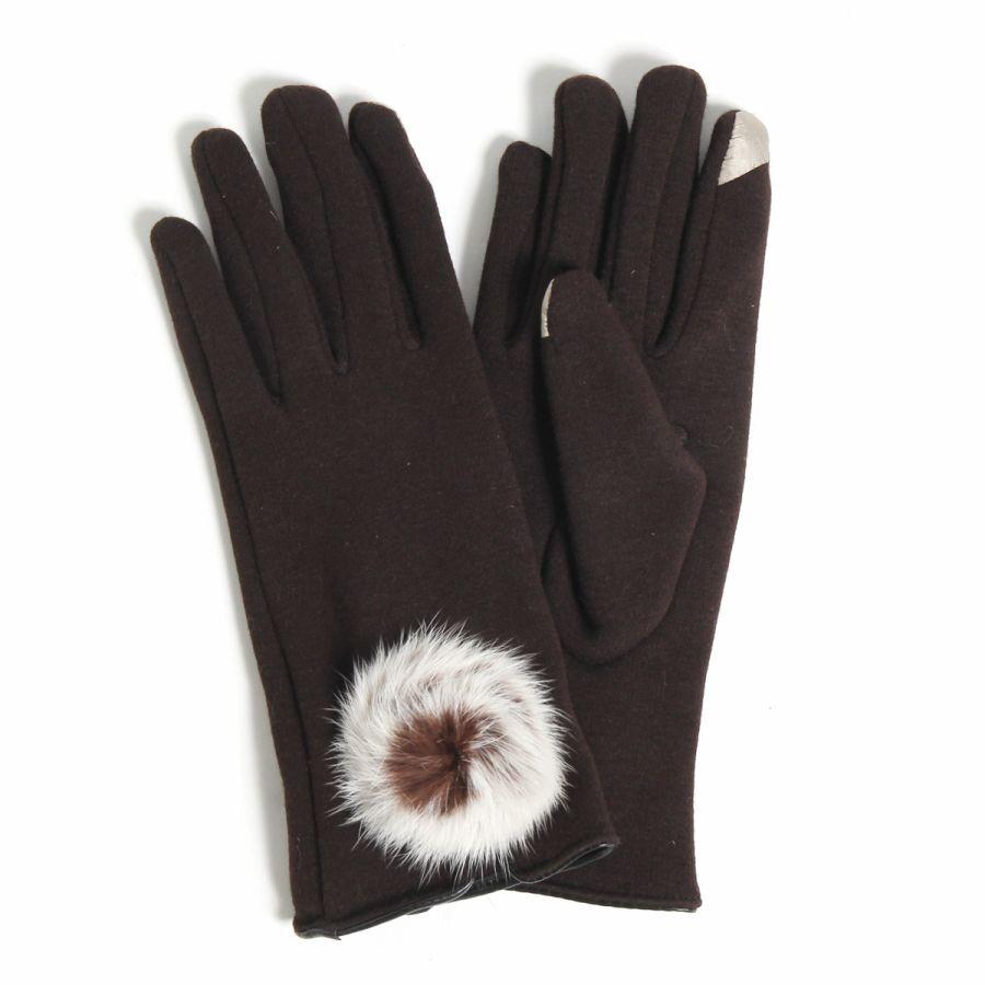 手袋 グローブ スマホ対応 ラビットファーボール付グローブ レディース 裏起毛 無  ブラウン
