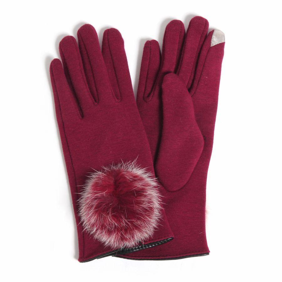 レディース 手袋スマホ対応 ラビットファーボール付グローブ レディース 手袋 グローブ 裏起毛 ワイン