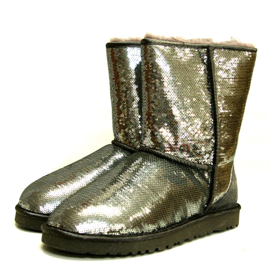 ムートン ブーツ スパンコール きらきら 靴 羊毛 スノーブーツ もこもこ   シルバーUS9