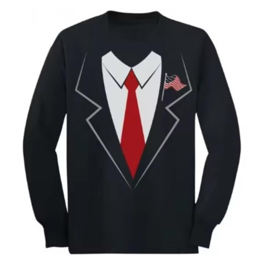 スーツ柄Tシャツ ラウンドネック 長袖 イミテーションTシャツ ストリート ファッション  L