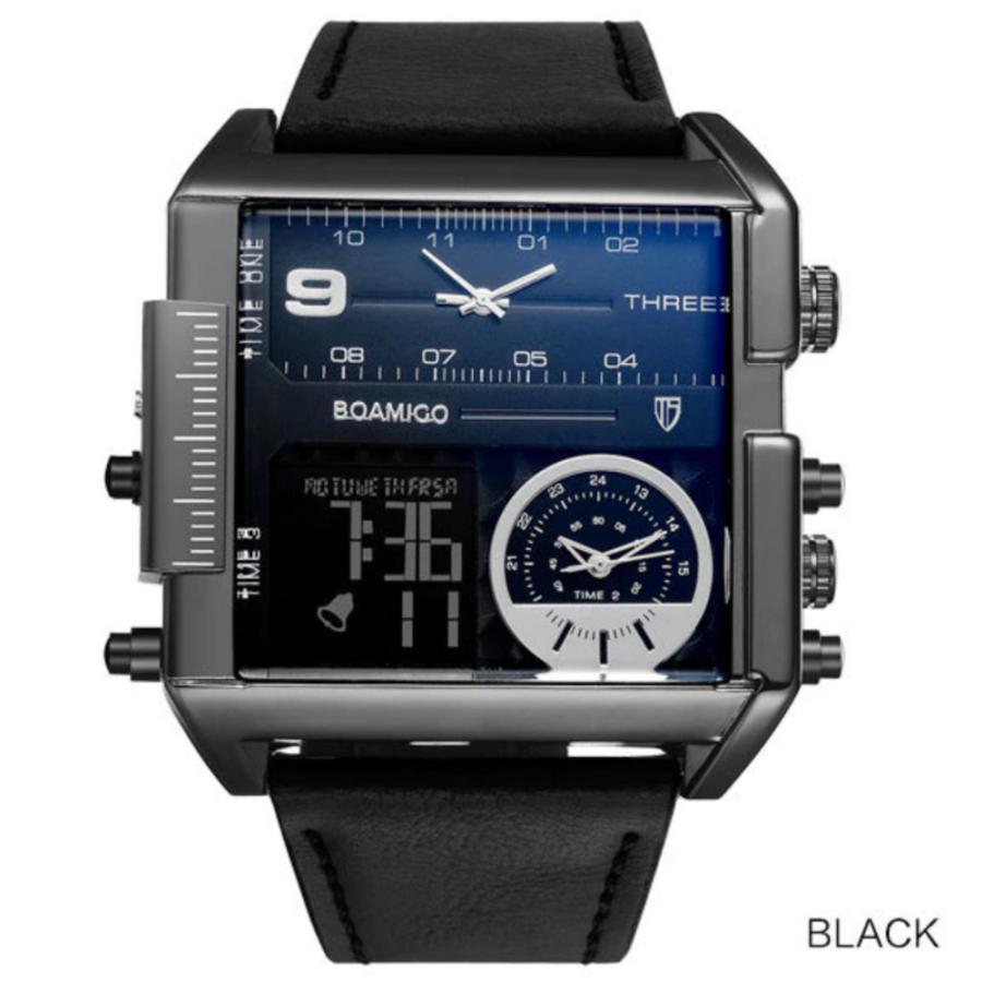 腕時計 メンズ スポーツ ウォッチ 3タイムゾーン ミリタリー デジタル アナログ 個性的 四角 記念日 