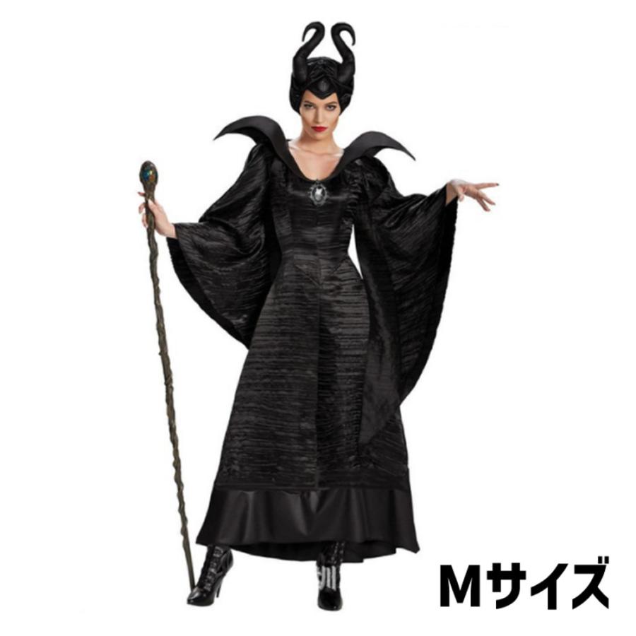 マレフィセント コスプレ ハロウィン レディース 眠れる森の美女 魔女 帽子ワンピ ブローチ  M