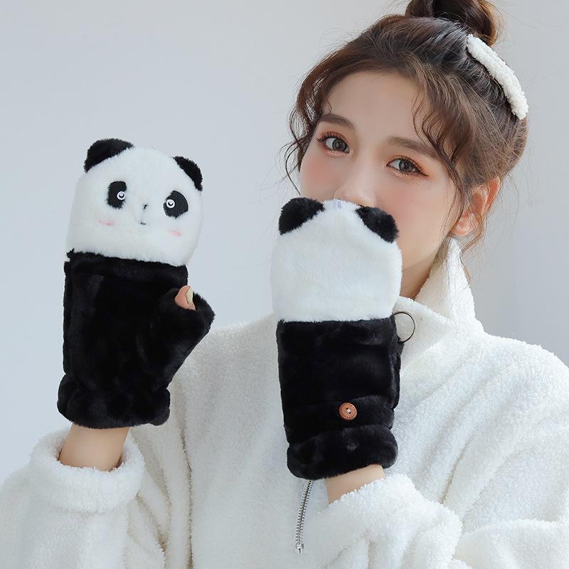 手袋 レディース かわいい 指なし ミトンカバー付き パンダ 厚手 