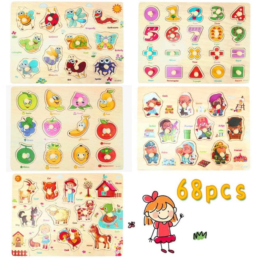 Corper Toys 木製 型はめ おもちゃ 形合わせ 積み木 パズル 動物 数字 英語認識 5種類シリーズ 68pc