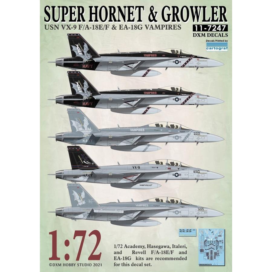 DXMデカール 11-7247 1/72 アメリカ海軍 F/A-18E/F & EA-18G VX-9 ヴァンパイアーズ カルトグラフ製デカール｜panzerlehr