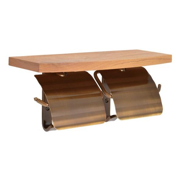 2連 ツイン トイレ用ペーパーホルダー アンティークブラス 真鍮 2連 ウッドシェルフ 飾り棚 ダブル トイレットペーパーホルダー おしゃれ