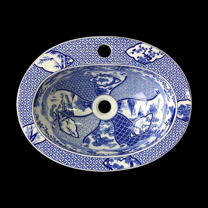 有田焼 染付祥瑞 埋め込み 深型 洗面ボウル 選べる3タイプ W470×D370