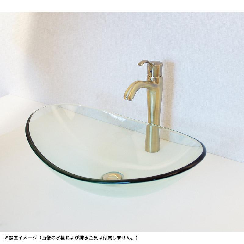 ガラス製手洗器 オーバル型洗面ボール（W540×D350×H150）プッシュ式