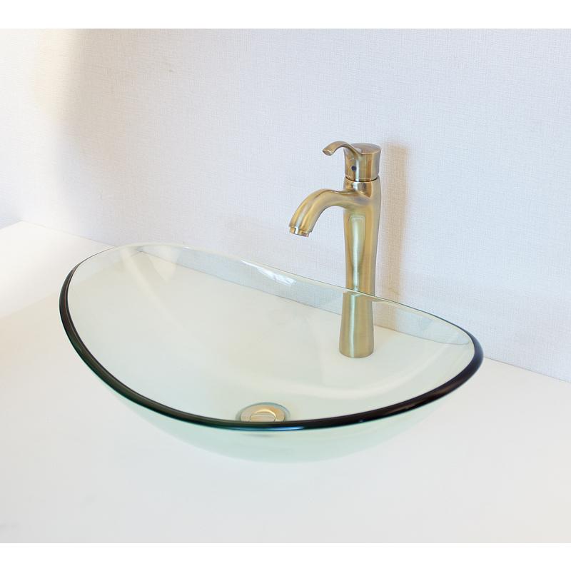 ガラス製手洗器 オーバル型洗面ボール（W540×D350×H150）プッシュ式