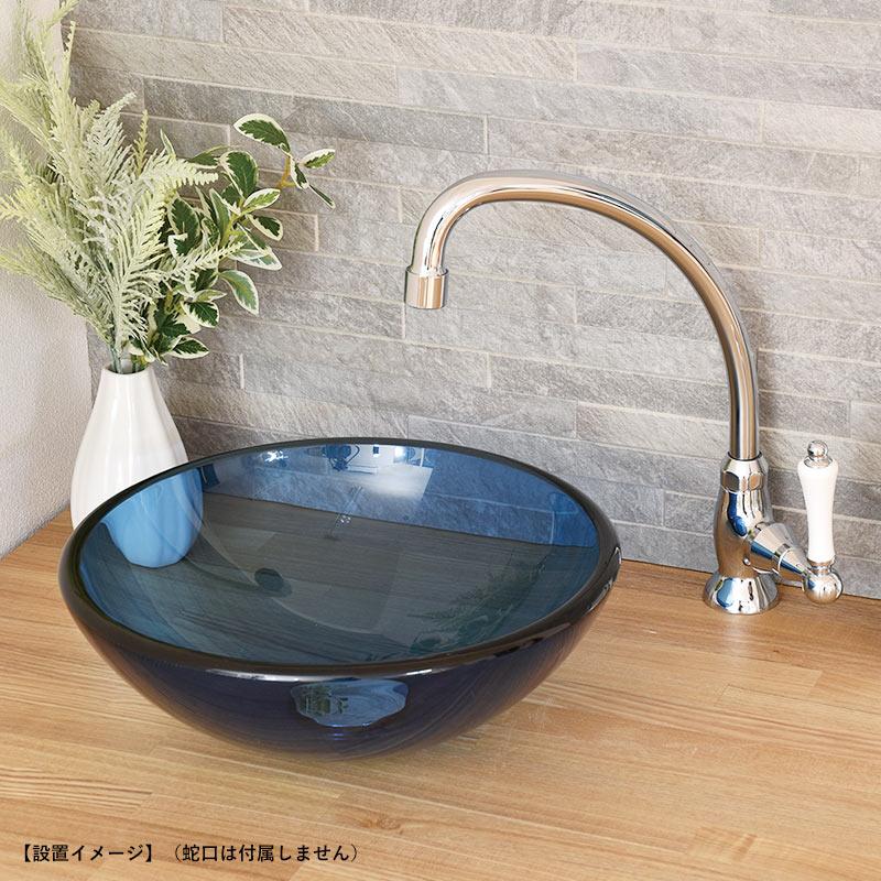 ガラス 洗面ボウル 手洗器 クリアブルー（SSサイズ φ 300×100
