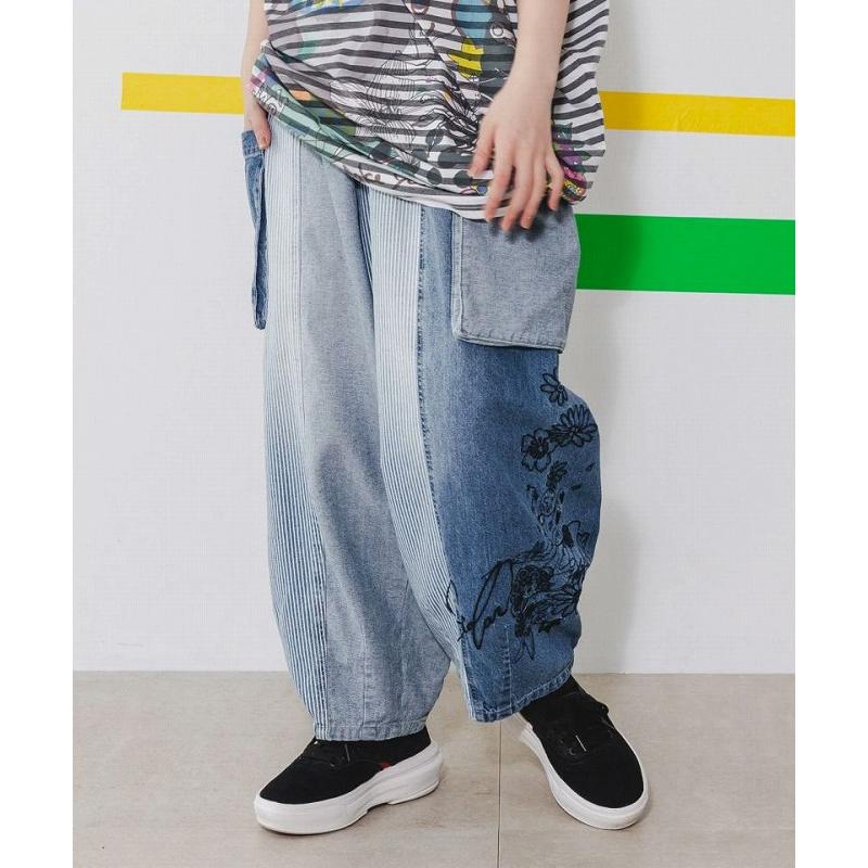 ScoLar パンツ スカラー 142650 デニム×ストライプ切替 花刺繍パンツ  