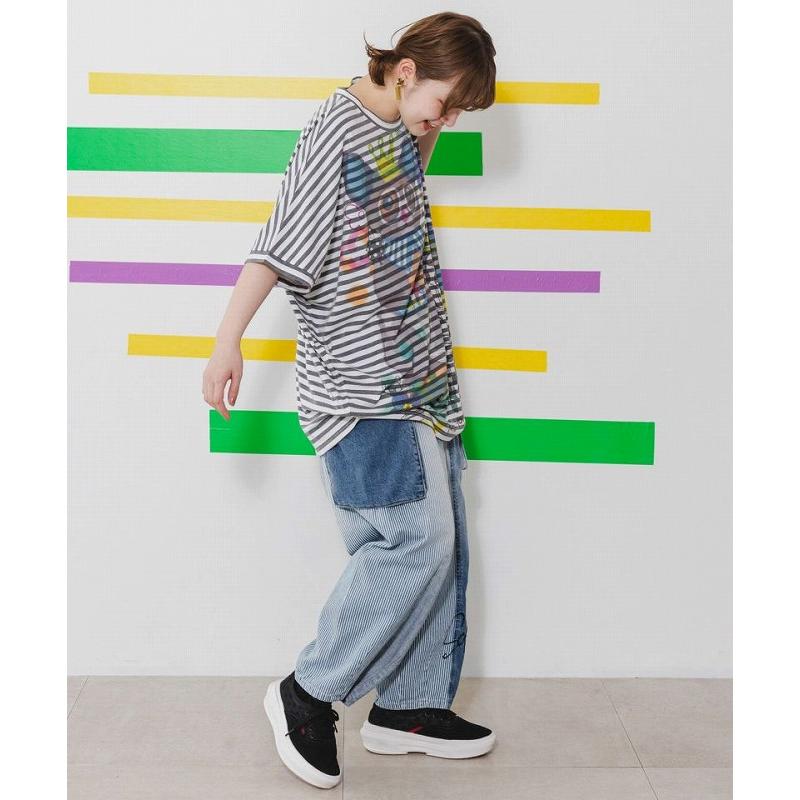 ScoLar パンツ スカラー 142650 デニム×ストライプ切替 花刺繍パンツ  