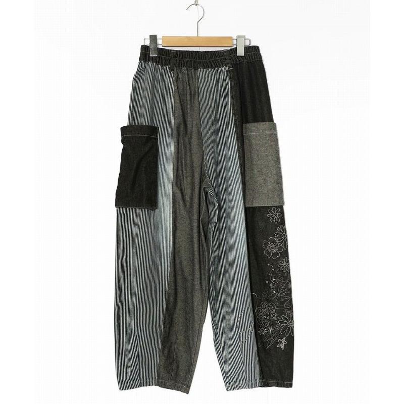 ScoLar パンツ スカラー 142650 デニム×ストライプ切替 花刺繍パンツ  