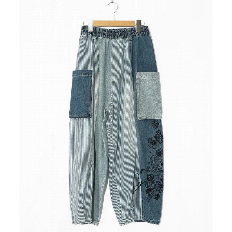ScoLar パンツ スカラー 142650 デニム×ストライプ切替 花刺繍パンツ  