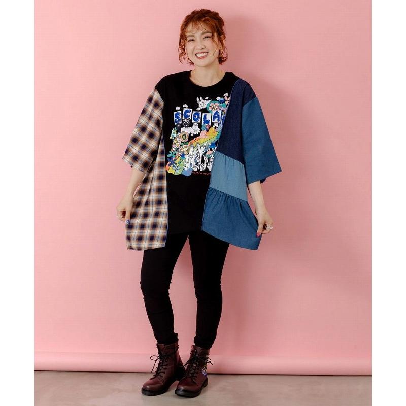 ScoLar - ScoLar 153624：26周年スタート柄 チェック×デニム切替チュニック ScoLar（スカラー） チュニック SALE ScoLar 153624 26周年スタート柄