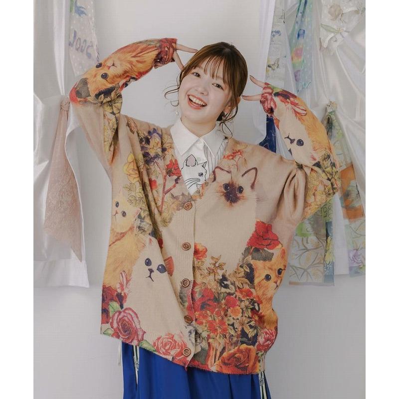 スカラー　scolar 153669：アンティーク風秋色ネコカーディガン ScoLar（スカラー） カーディガン 153669 アンティーク風秋色ネコ