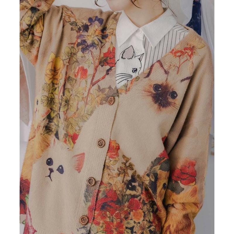 ScoLar（スカラー） カーディガン 153669 アンティーク風秋色ネコ