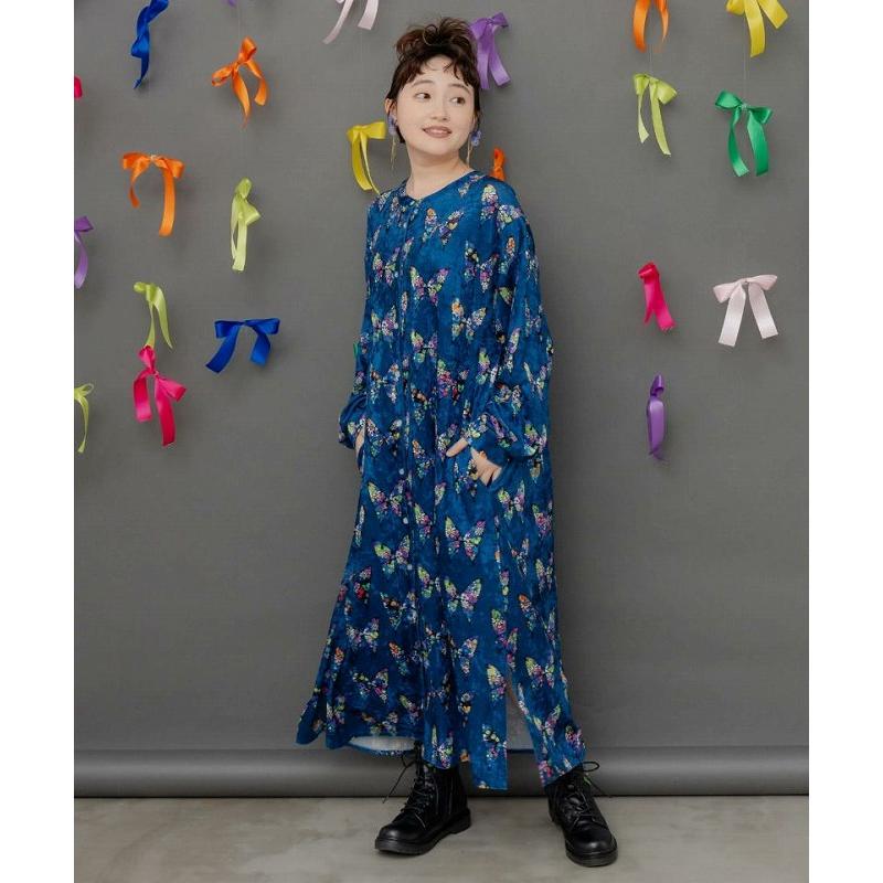 ワンピース 新作 ScoLar スカラー 153759 アニマル×蝶柄 前開きクラッシュベロアワンピース カジュアル ガーリー レトロ 原宿系 個性的 ポイント | ScoLar | 01