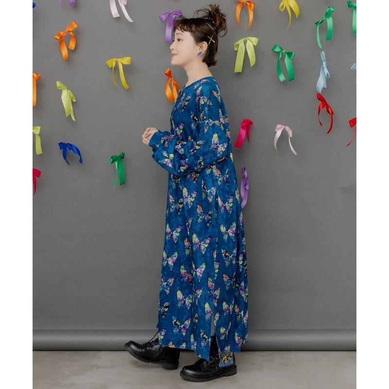 ワンピース 新作 ScoLar スカラー 153759 アニマル×蝶柄 前開きクラッシュベロアワンピース カジュアル ガーリー レトロ 原宿系 個性的 ポイント | ScoLar | 03