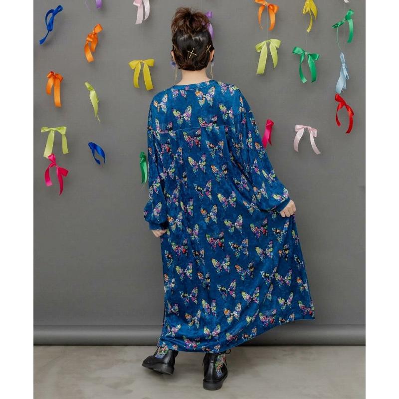 ワンピース 新作 ScoLar スカラー 153759 アニマル×蝶柄 前開きクラッシュベロアワンピース カジュアル ガーリー レトロ 原宿系 個性的 ポイント | ScoLar | 04