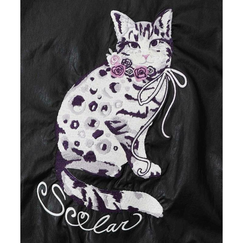 ScoLar 153771：ネコ刺繍フェイクレザー×裏地ブルゾン ScoLar（スカラー） ブルゾン 153771 ネコ刺繍フェイクレザー×裏地