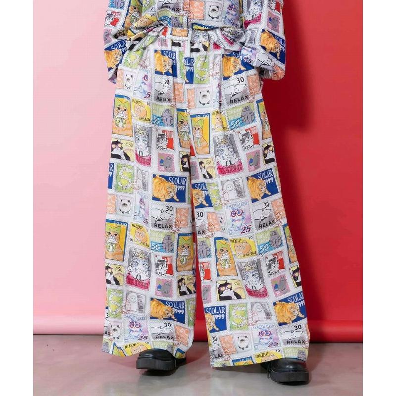 パンツ ScoLar スカラー 161606 わんorにゃんスタンプ柄 バイオ加工パンツ ボトムス カジュアル レトロ 犬 猫 原宿系 個性的 ポイント | ScoLar | 01