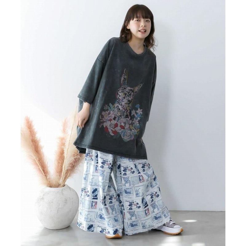 パンツ ScoLar スカラー 161606 わんorにゃんスタンプ柄 バイオ加工パンツ ボトムス カジュアル レトロ 犬 猫 原宿系 個性的 ポイント | ScoLar | 02