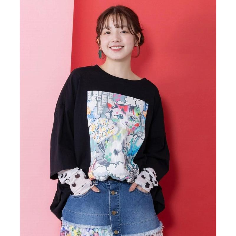 Scolar 161634：画家スカラーちゃんネコ柄チュール切替チュニック ScoLar（スカラー） チュニック SALE ScoLar 161634 画家スカラー