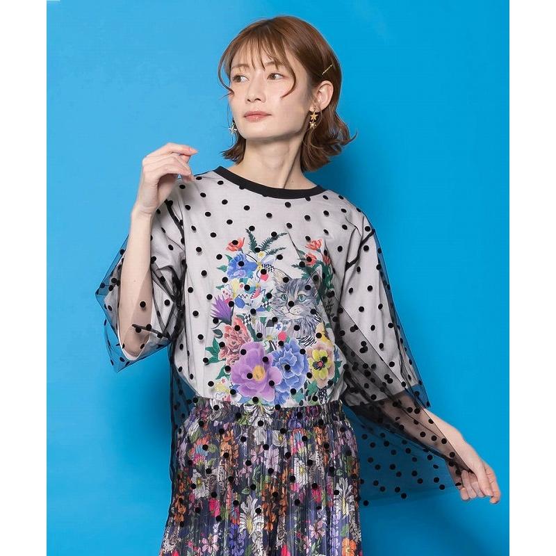 トップス 新作 ScoLar スカラー 161644 ドットチュール重ね花ネコ柄Tシャツ カジュアル ポップ カラフル レトロ 猫 原宿系 個性的 ポイント | ScoLar | 01
