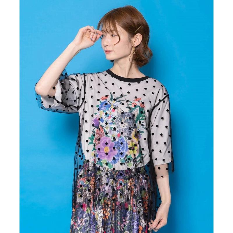 トップス 新作 ScoLar スカラー 161644 ドットチュール重ね花ネコ柄Tシャツ カジュアル ポップ カラフル レトロ 猫 原宿系 個性的 ポイント | ScoLar | 06