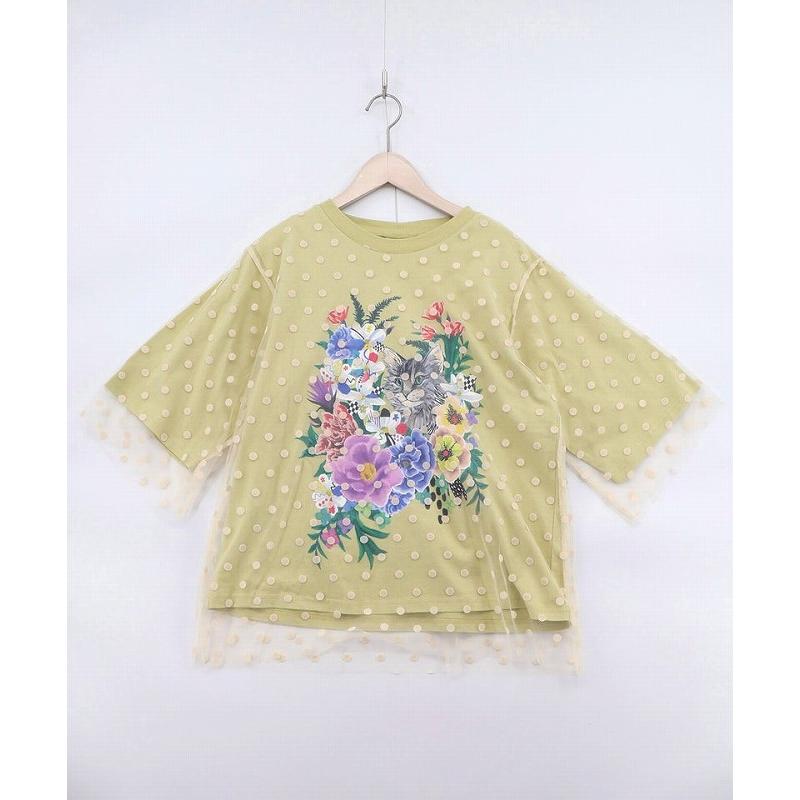 トップス 新作 ScoLar スカラー 161644 ドットチュール重ね花ネコ柄Tシャツ カジュアル ポップ カラフル レトロ 猫 原宿系 個性的 ポイント | ScoLar | 03
