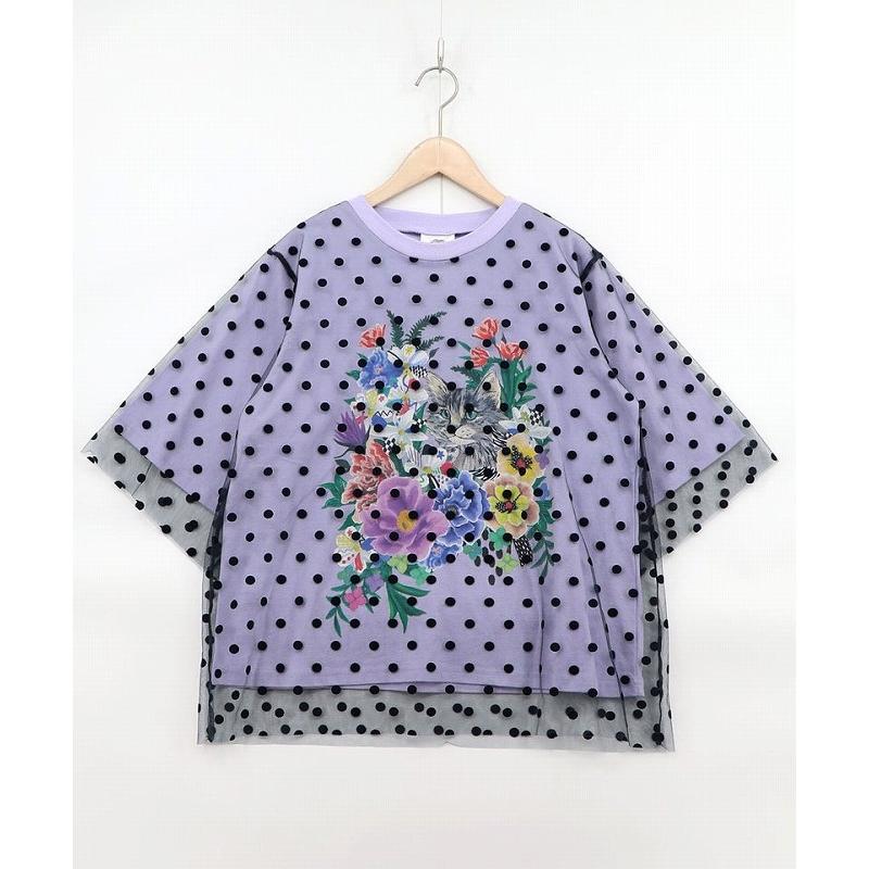 トップス 新作 ScoLar スカラー 161644 ドットチュール重ね花ネコ柄Tシャツ カジュアル ポップ カラフル レトロ 猫 原宿系 個性的 ポイント | ScoLar | 04