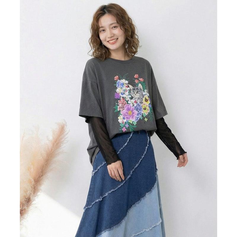 トップス 新作 ScoLar スカラー 161649 ソフトチュール×花ネコ柄 レイヤード風プルオーバー カジュアル ポップ カラフル レトロ 猫 原宿系 個性的 ポイント | ScoLar | 02